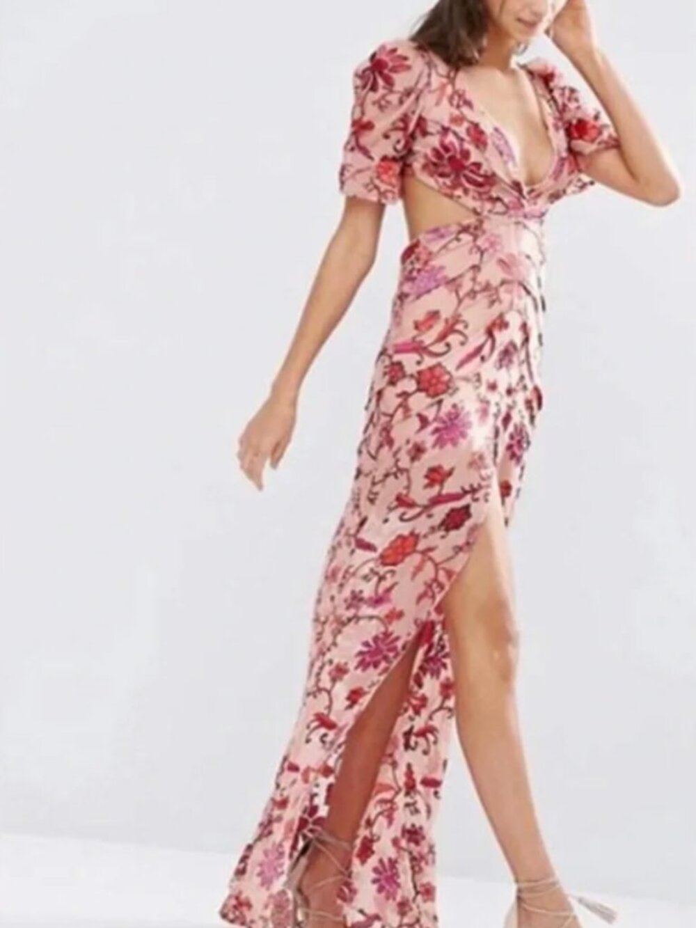 For Love & Lemons Sheer Mauve Chiffon Dress w/ Red & Pink Floral Print, Maxi, S - Picture 3 of 16